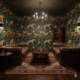 Patterned wallpaper with leopards by unknown brand, featuring lush greenery and pink flowers.