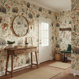 Wattle Hollow Wallpaper featuring a bear and floral pattern.