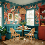 Coral estate wallpaper with tropical floral and bird pattern, covering a corner dining nook.