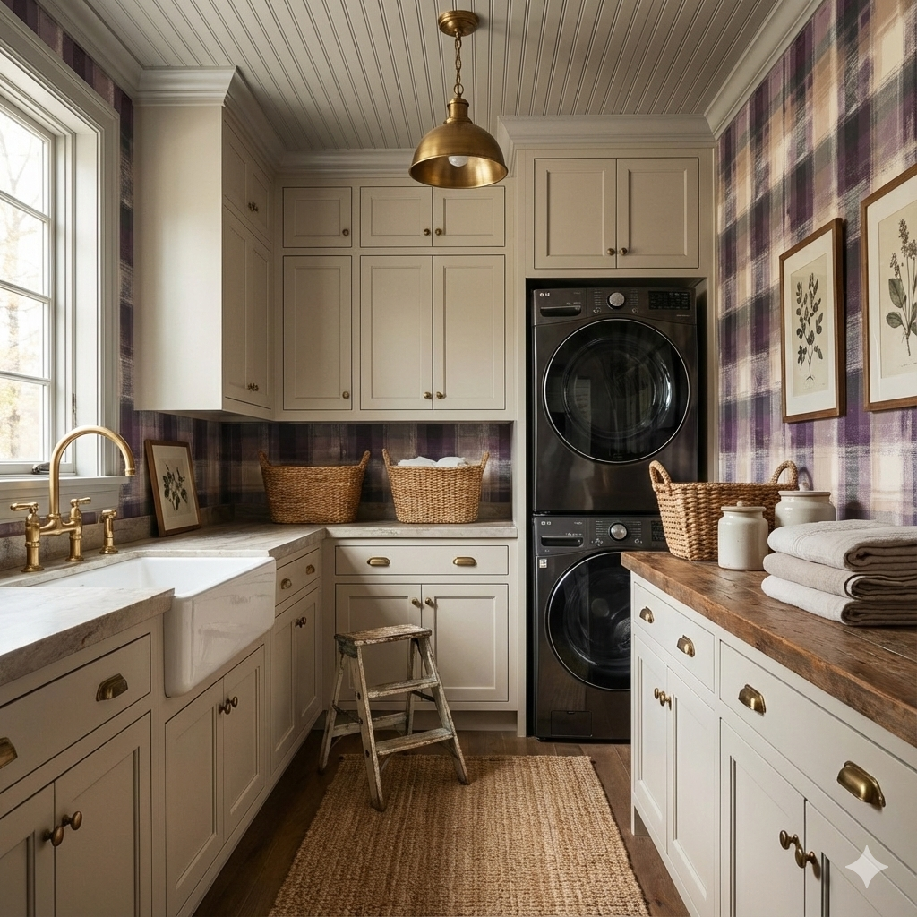 Mauvine Crosscut Wallpaper featuring a purple and tan crosscut pattern, styled in a laundry room.
