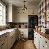 Mauvine Crosscut Wallpaper featuring a purple and tan crosscut pattern, styled in a laundry room.
