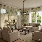 Sage cascade wallpaper with a vertical, paint-stroke-style pattern, complemented by white curtains and dark window frames.
