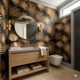 Sirocco Palm wallpaper with gold leaf pattern on black background, covering a modern bathroom wall.