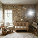 Bearberry Hollow Wallpaper with a brown, beige, and green foliage and bear pattern.