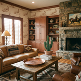 Jackrabbit Prairie Chase Wallpaper featuring a pattern of running hares in a rustic, earthy-toned interior setting.
