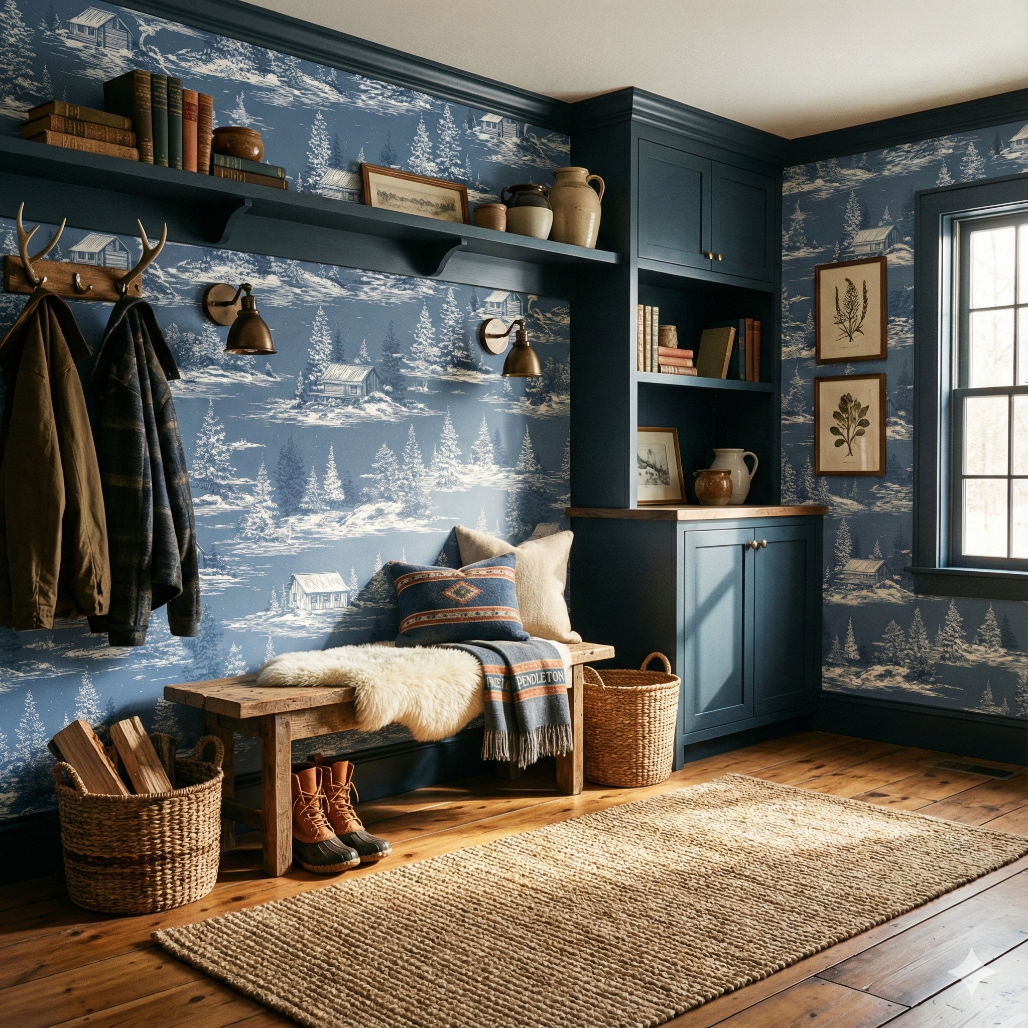 Blue Tundra Pinescape Wallpaper with winter cabin pattern, a shelf with books, and vintage accessories.
