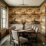Gilded Quarry Wallpaper with golden retriever pattern covering an elegant dining room with dark wood furniture.