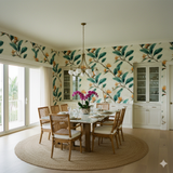 Solandra wallpaper featuring a tropical floral pattern, with green leaves and orange flowers.
