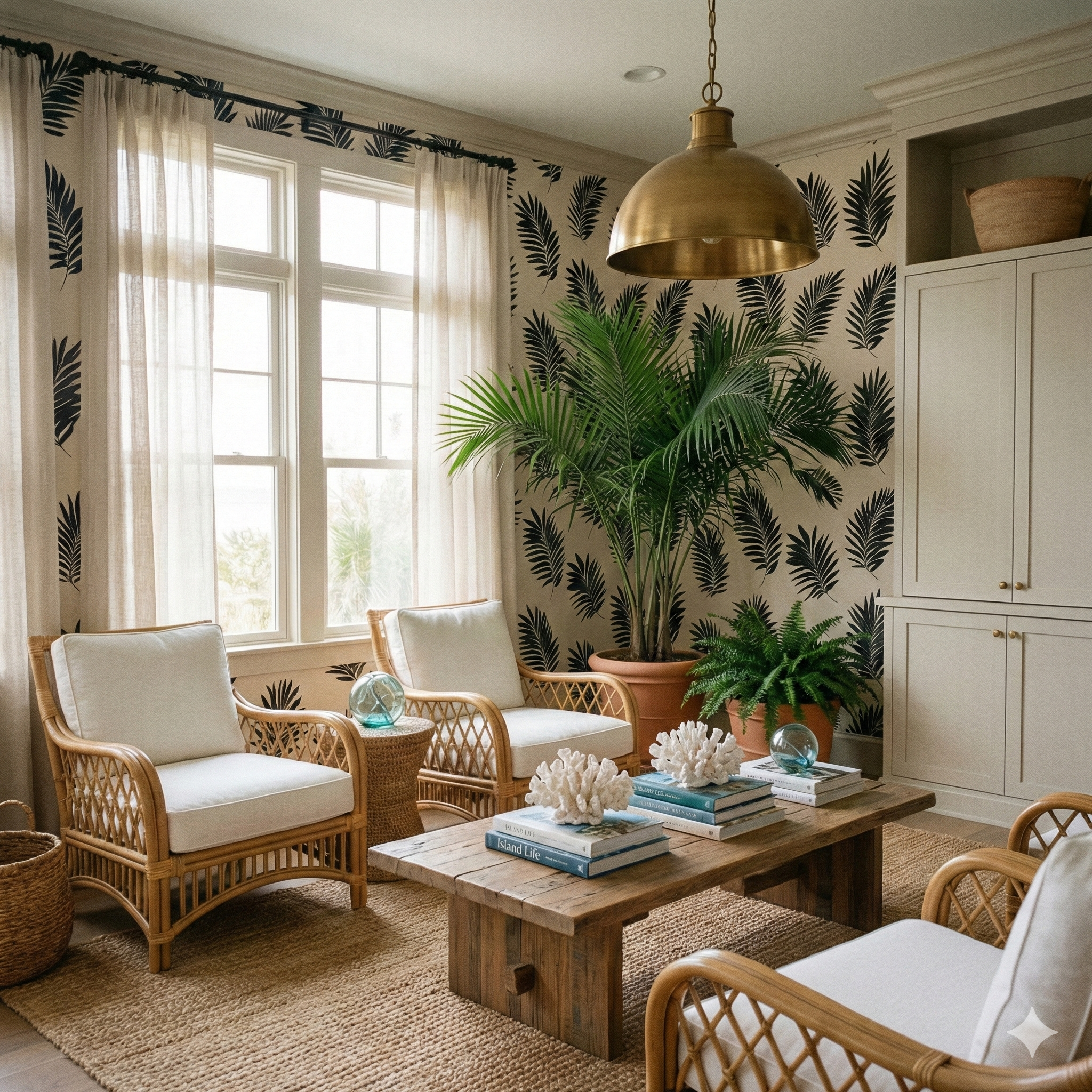 Blackwell Palm Wallpaper with black leaf pattern, covering a room with two rattan chairs and a wooden table.
