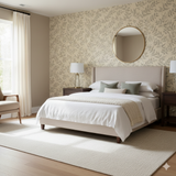 Fern patterned wallpaper with beige background and gray leaf design.
