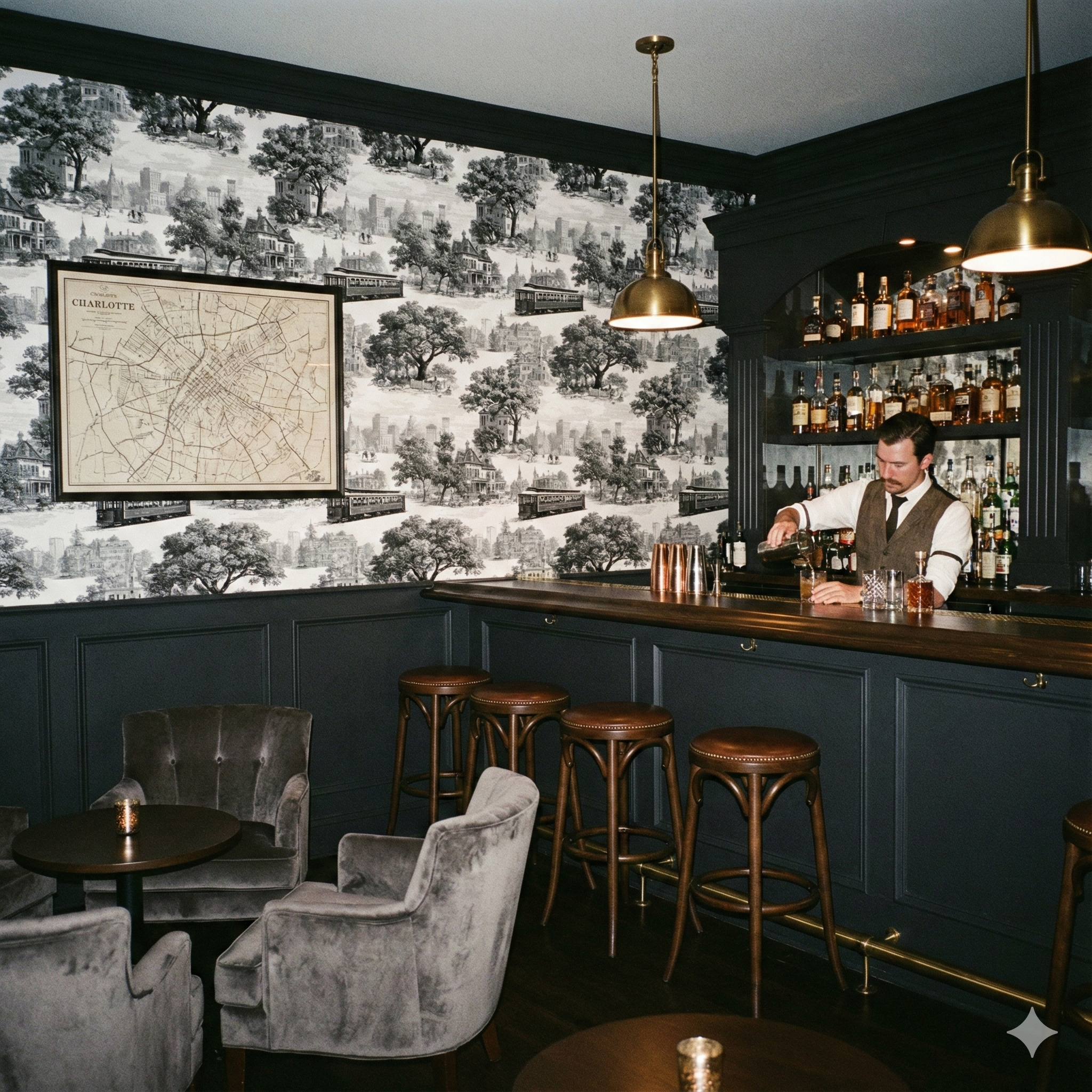 Queen’s Crossing Carriageway Wallpaper with a toile pattern featuring buildings and trolleys.