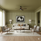 Mossline wallpaper with vertical stripe pattern, decorating a living room.
