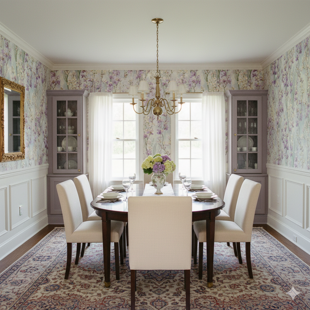 Orchidée Lune Wallpaper featuring orchid and floral pattern, decorating a dining room with wainscoting.

