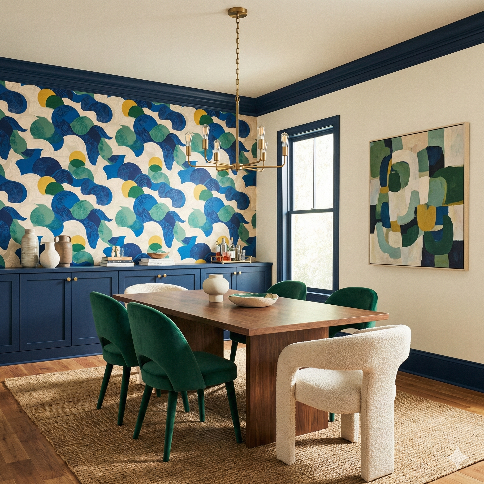 Pacific Pulse Wallpaper with blue, yellow, and green patterns, from York Wallcoverings, covering the upper wall of a dining room.