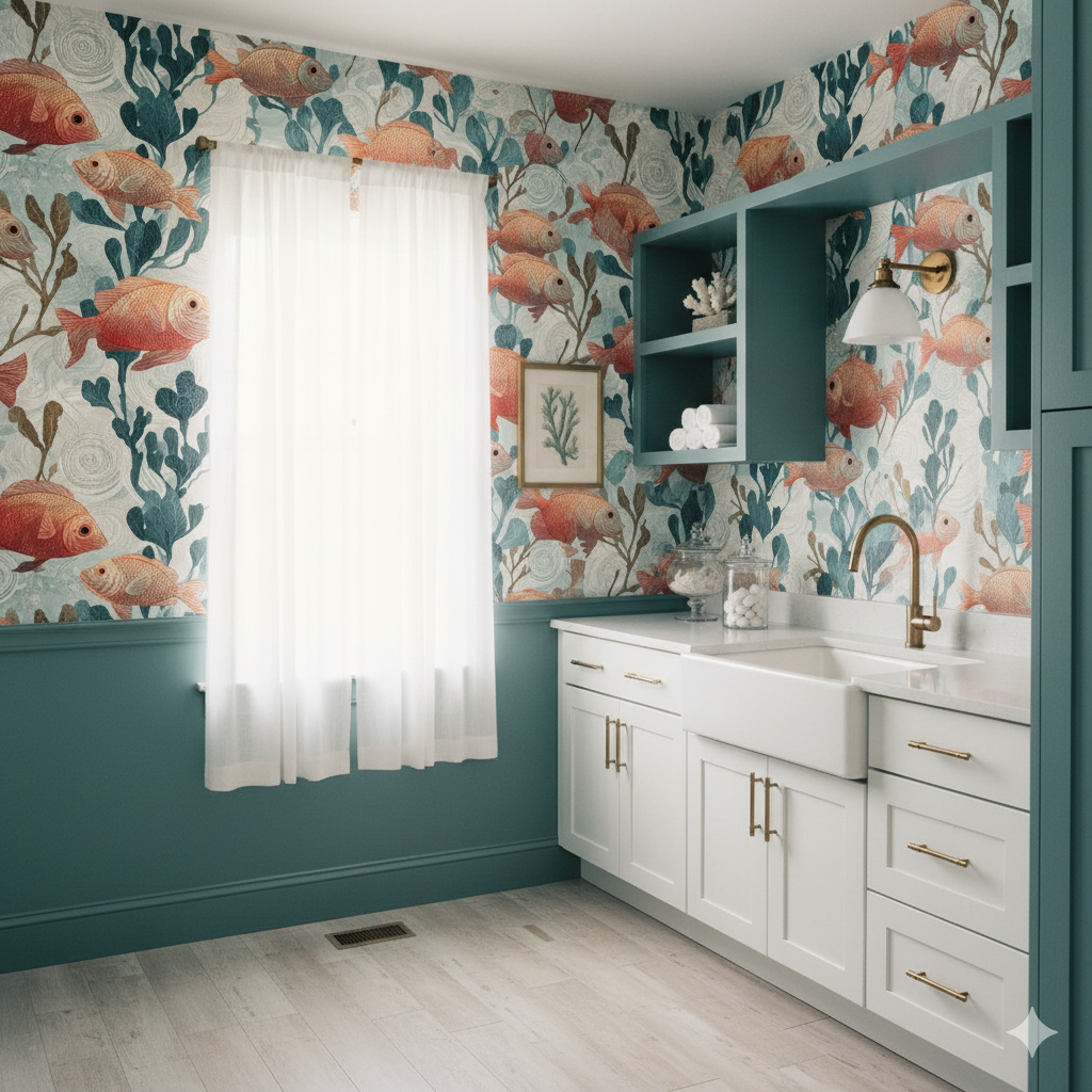 Coral Ledger Wallpaper with fish pattern on the wall