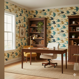 Skyward Flight wallpaper with a bird pattern on a beige textured background.
