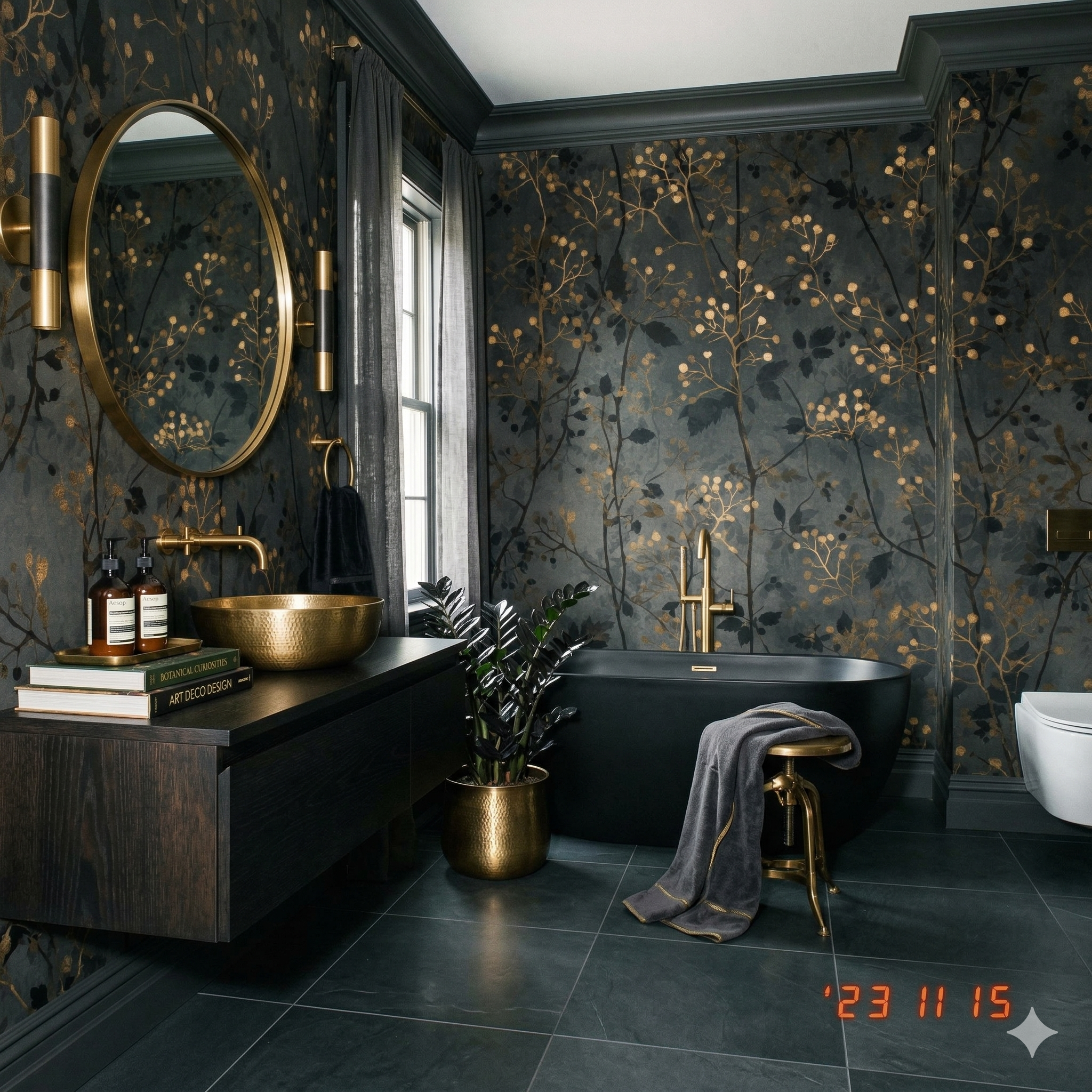 Dark wallpaper with golden berry canopy pattern from Brewster, complementing a modern bathroom design.
