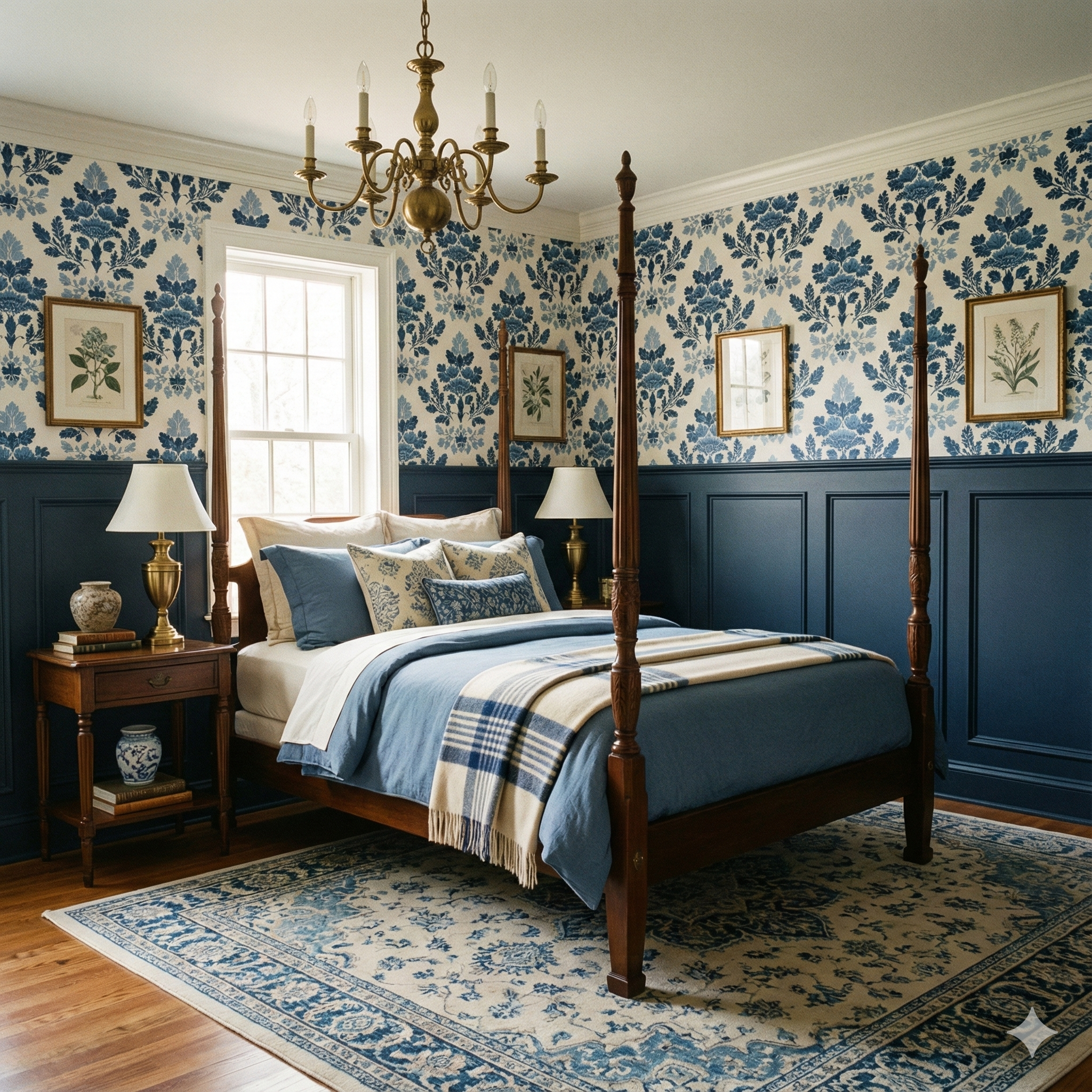 Delft Hearthstone wallpaper with blue floral pattern covering the wall above dark blue wainscoting.
