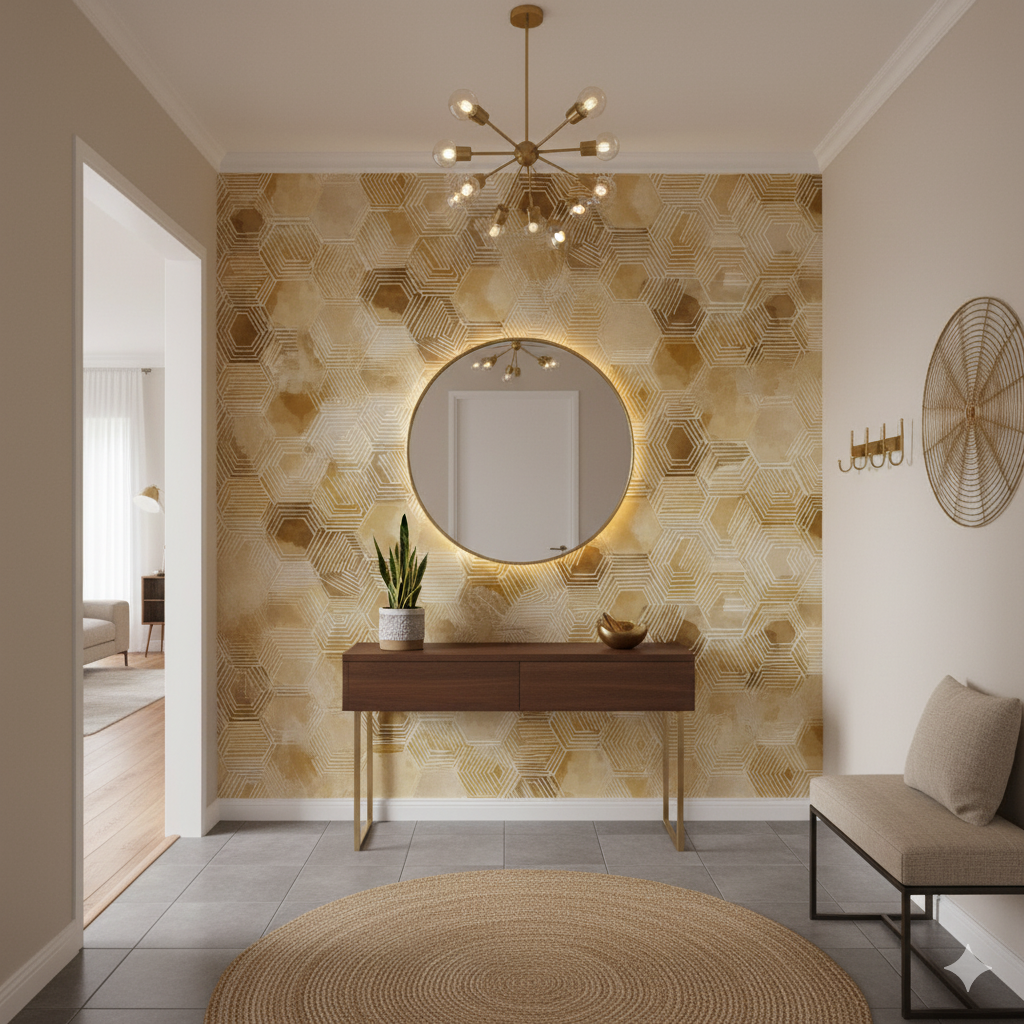 Golden hive wallpaper with hexagonal patterns on an accent wall in an entryway setting.