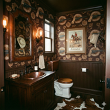 Frontier Arms Wallpaper in a brown floral and gun pattern, decorative bathroom interior.
