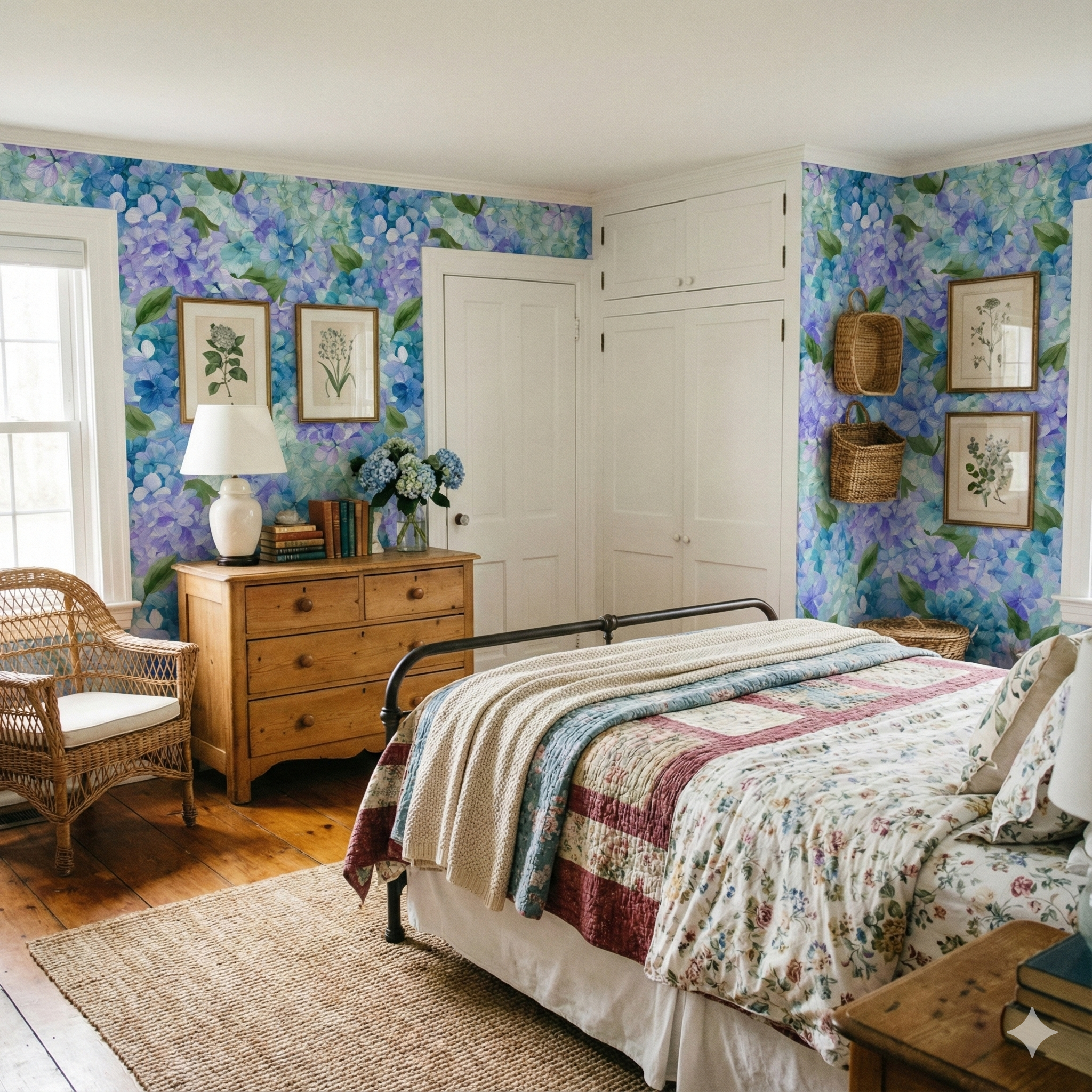 Floral Isle of Hyacinth Wallpaper with a blue, purple and green hydrangea pattern.