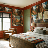Angels Landing wallpaper with a red rock canyon mural print, covering the walls of a rustic-style bedroom.
