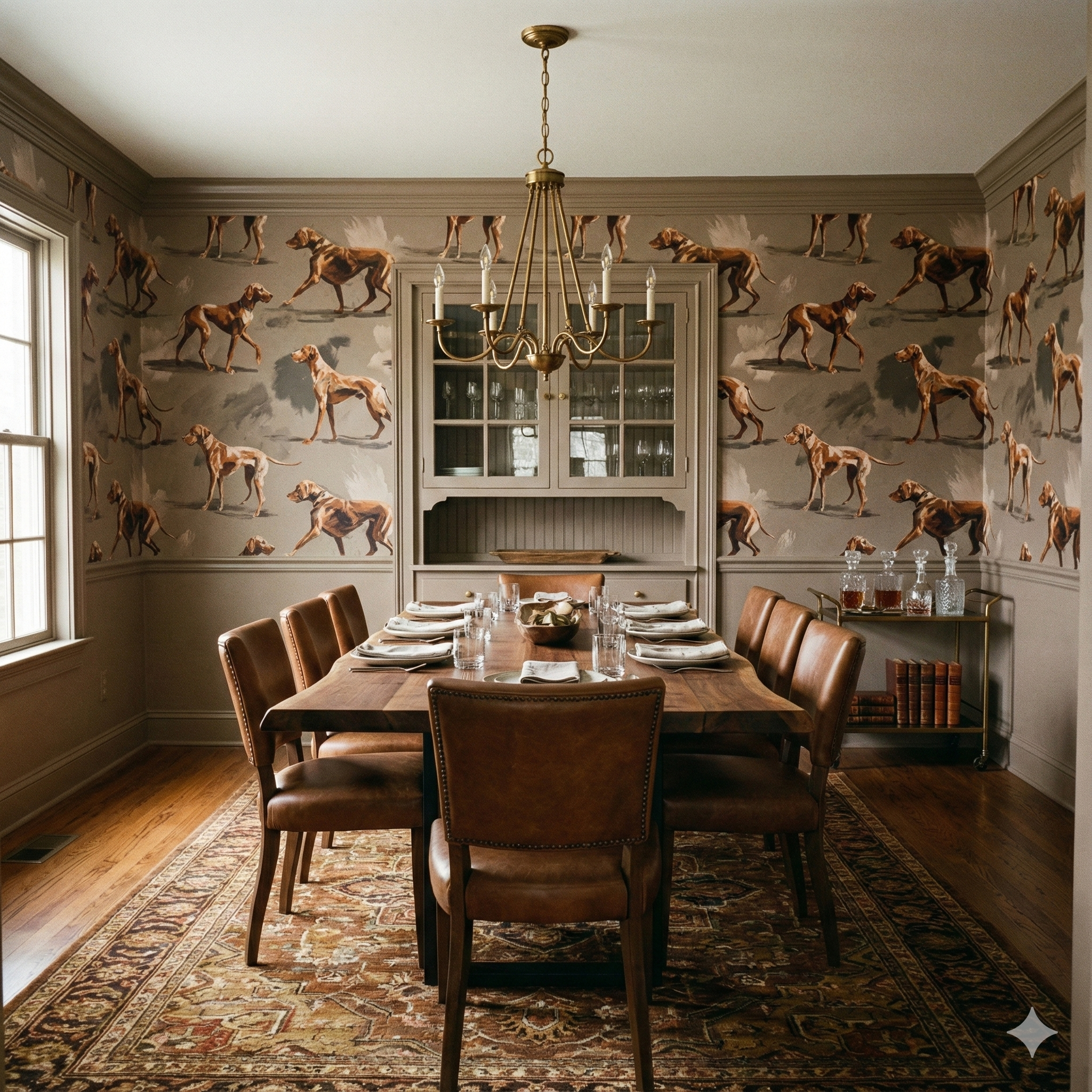 Russet Vanguard wallpaper with dog pattern throughout, covering the walls in a dining room.