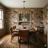 Russet Vanguard wallpaper with dog pattern throughout, covering the walls in a dining room.