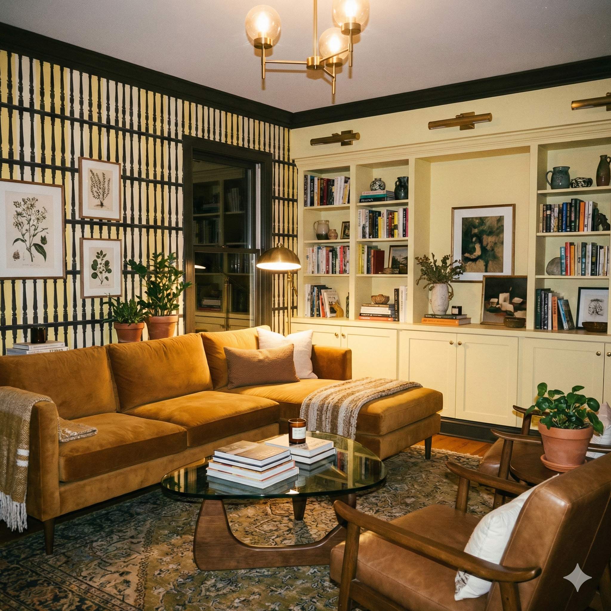 Veranda Spindles wallpaper in yellow and black, decorative wall covering with a striking architectural pattern.
