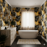 Obsidian Aureum wallpaper with black and gold smoke pattern, covering a bathroom wall.