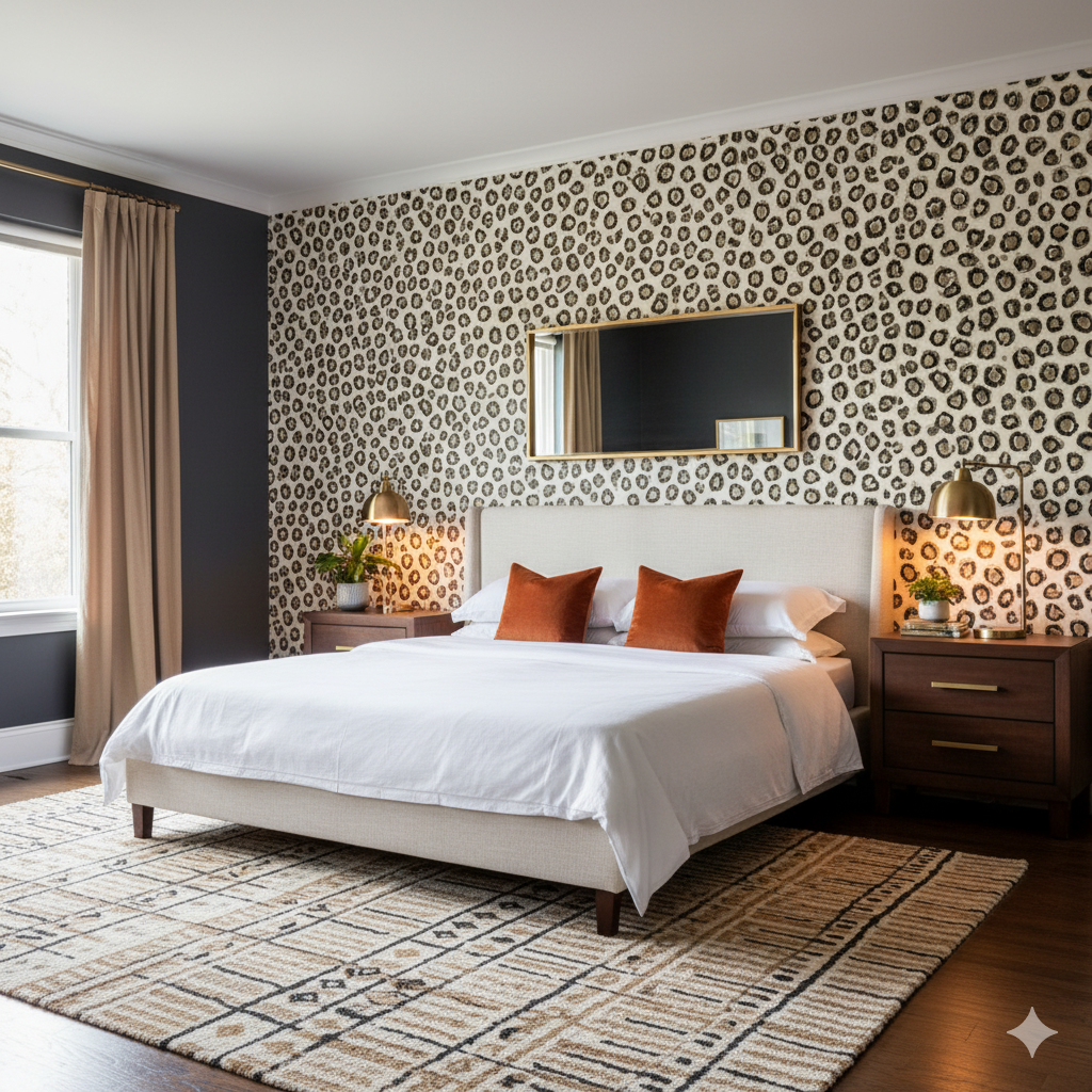 Ferox Marks wallpaper with a leopard print pattern, covering the entire wall behind a bed.
