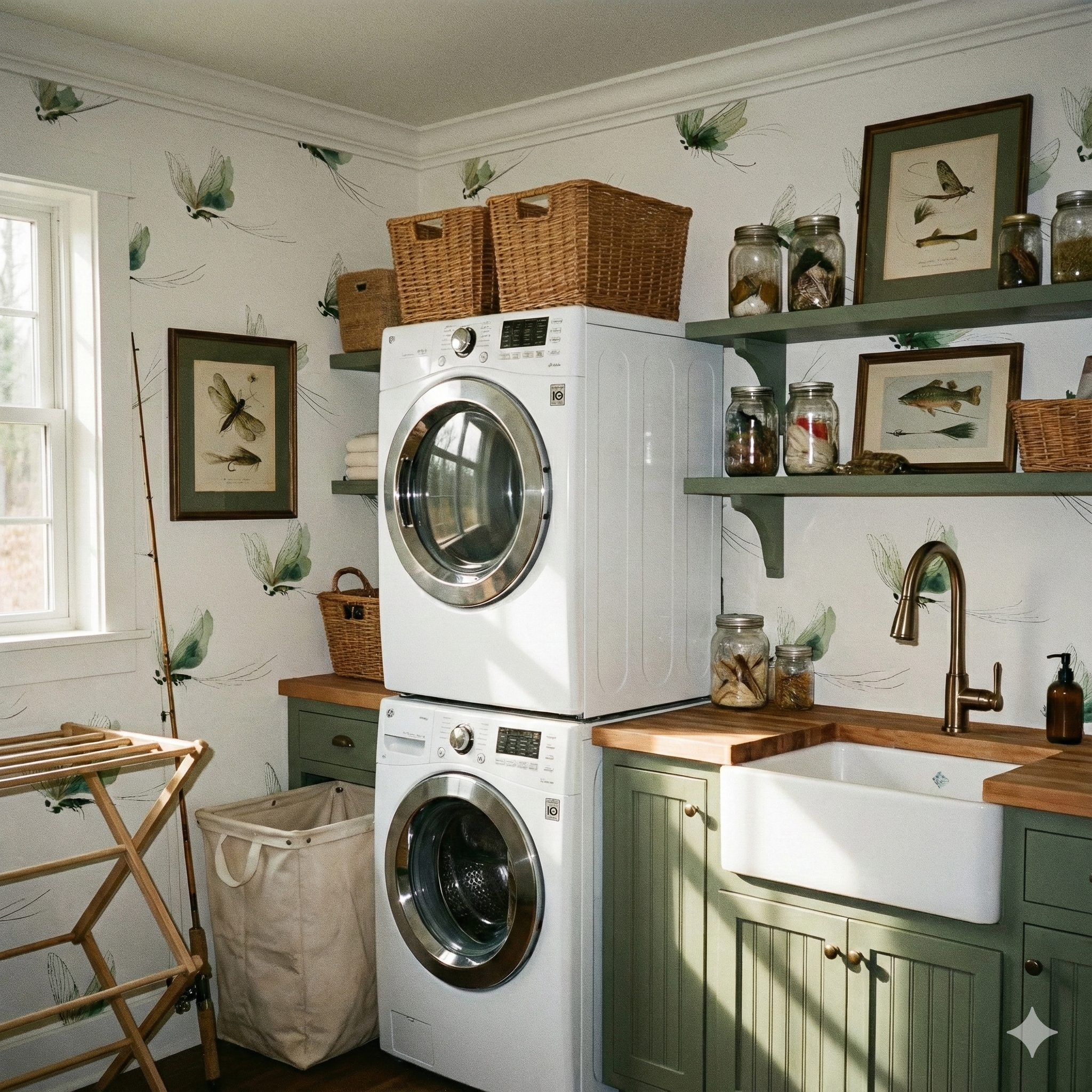 Flies wallpaper with green wing pattern on white background, Willowborne Flies Wallpaper, covering a laundry room.