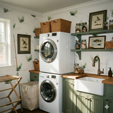 Flies wallpaper with green wing pattern on white background, Willowborne Flies Wallpaper, covering a laundry room.