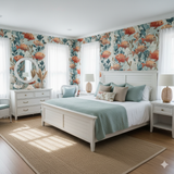 Coral ledger wallpaper with an orange fish pattern on a bedroom wall.
