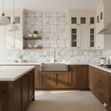 Carrara Square Wallpaper with a marble pattern, featuring white and gray veining, suitable for kitchen backsplash.