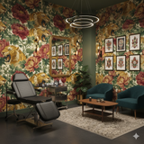 Tiger's Reign wallpaper with a floral and tiger pattern, displayed on the walls of a tattoo parlor.
