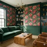 Floral pattern wallpaper with pink roses and green leaves on a dark backdrop.