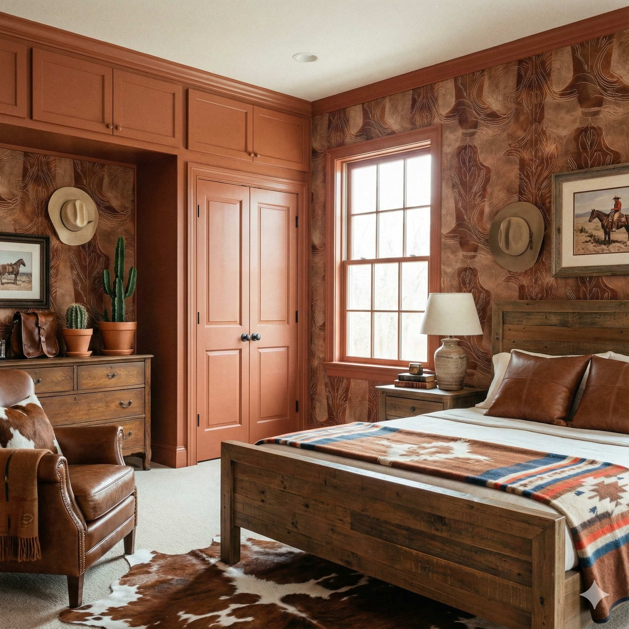 Brown patterned Bootmaker’s Etch Wallpaper with swirling designs, covering walls in a western-themed bedroom.
