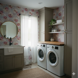 Floral wallpaper with lantern blooms, sakura pattern, and watercolor effect background.
