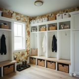 Patterned wallpaper by Honeywell featuring golden retriever dogs, styled in a mudroom with white cabinets.