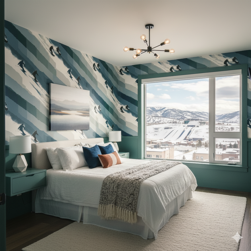 Alpine Descent Wallpaper with skier motif, diagonal stripe pattern, and snow texture detail.