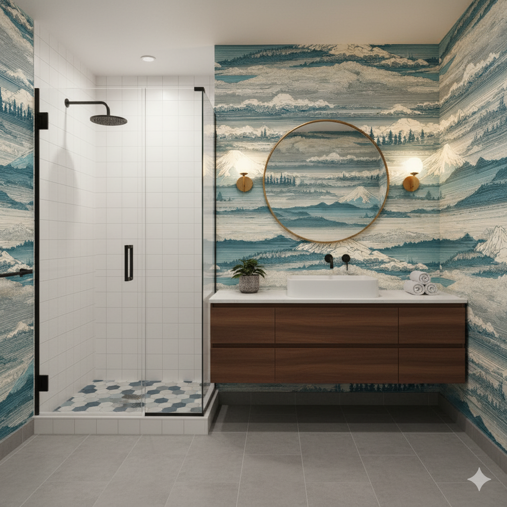Shiroyama Wallpaper with a mountainscape pattern, featuring white, blue and tan hues.
