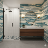 Shiroyama Wallpaper with a mountainscape pattern, featuring white, blue and tan hues.
