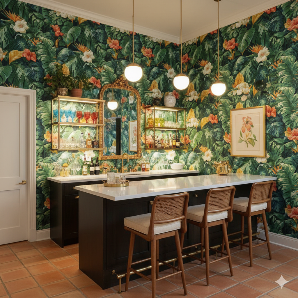 Tropical leaf wallpaper with orange flowers and green foliage, patterned across the entire wall.