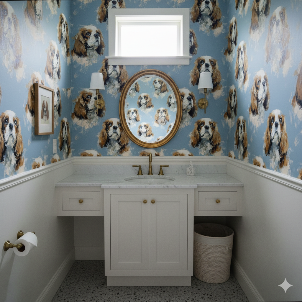 Larkspur Blue wallpaper with dog pattern, from an unbranded source, as seen on bathroom walls with a window.
