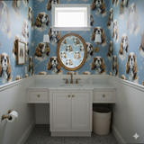 Larkspur Blue wallpaper with dog pattern, from an unbranded source, as seen on bathroom walls with a window.
