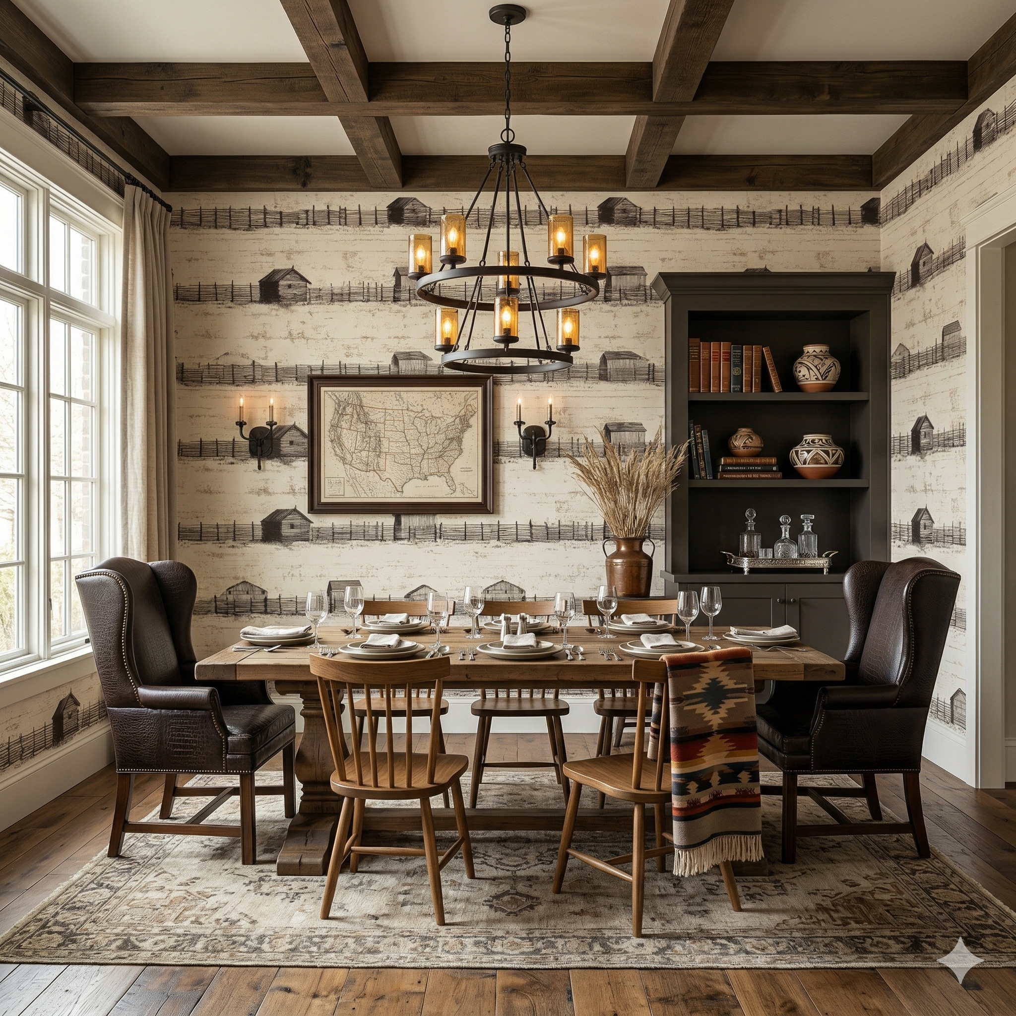 Homestead Ledger Wallpaper featuring a rustic pattern of barns and fences, covering the wall of a dining room.