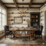 Homestead Ledger Wallpaper featuring a rustic pattern of barns and fences, covering the wall of a dining room.