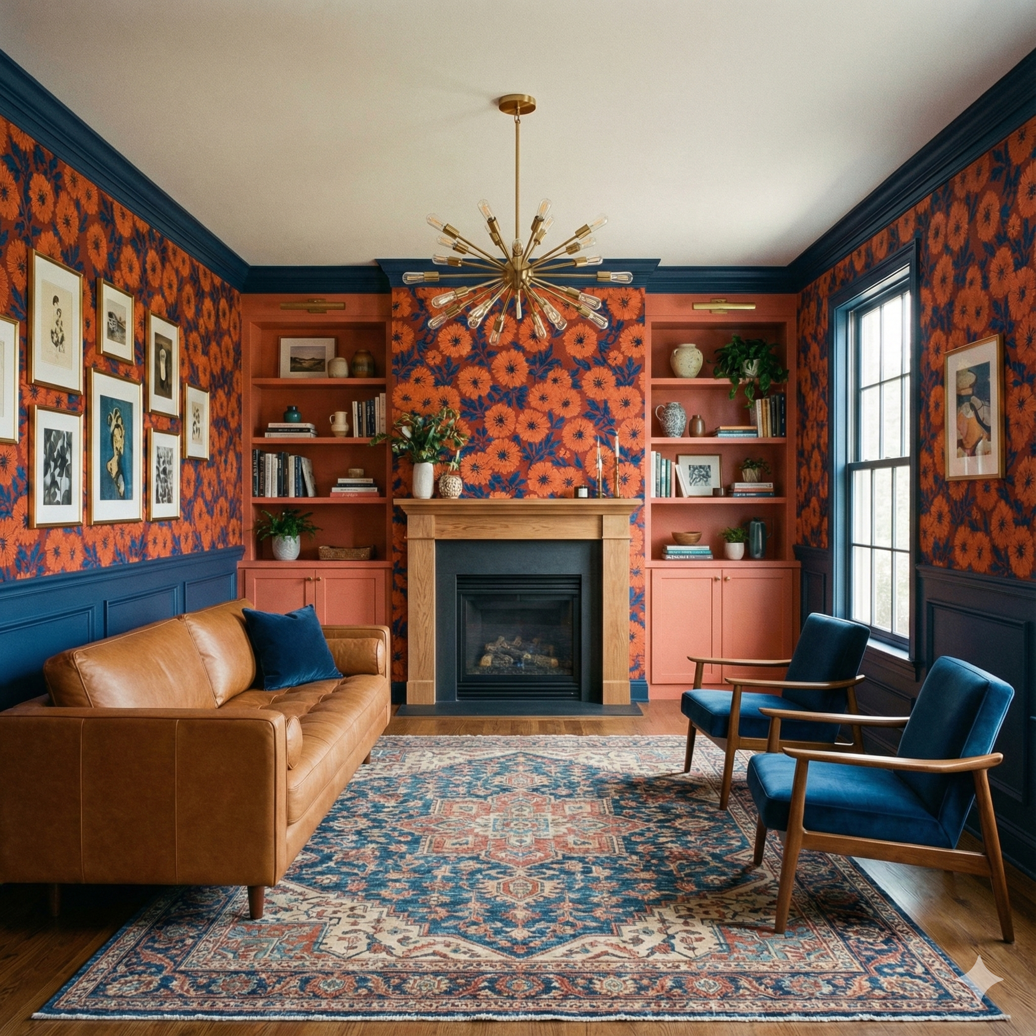 Marona Field Wallpaper with orange floral pattern covering a stylish living room wall.