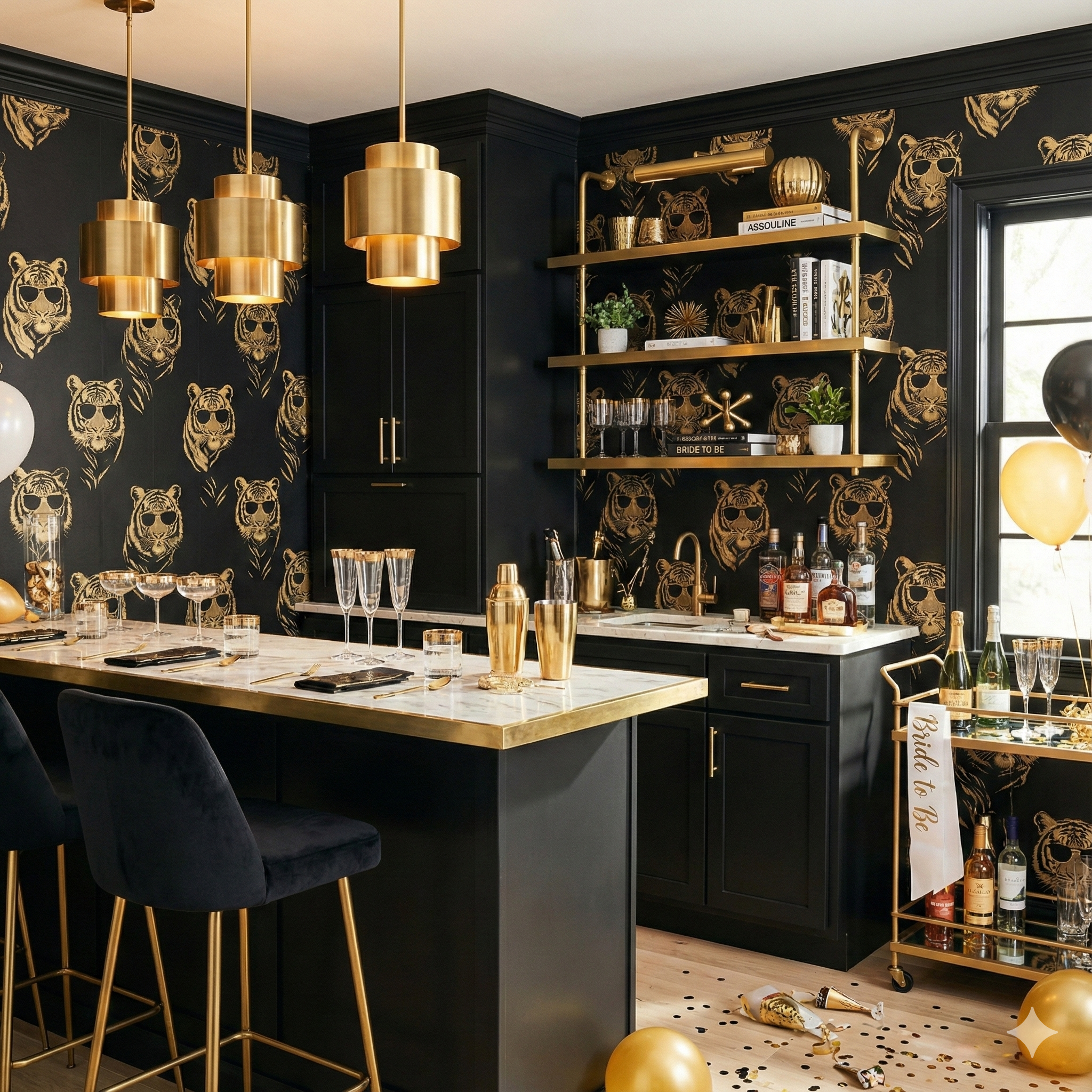 Black and gold Nightfall Maharaja wallpaper with tiger pattern, covering an entertainment room.
